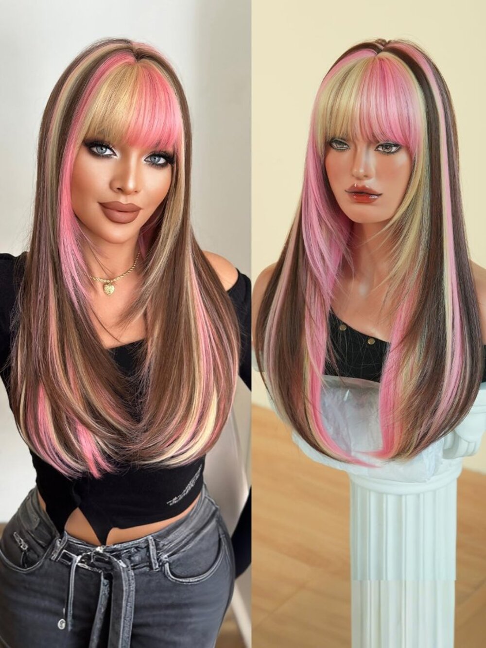 Women's Brown Pink 26 Inch Heat Resistant Synthetic Long Straight Wigs Bangs